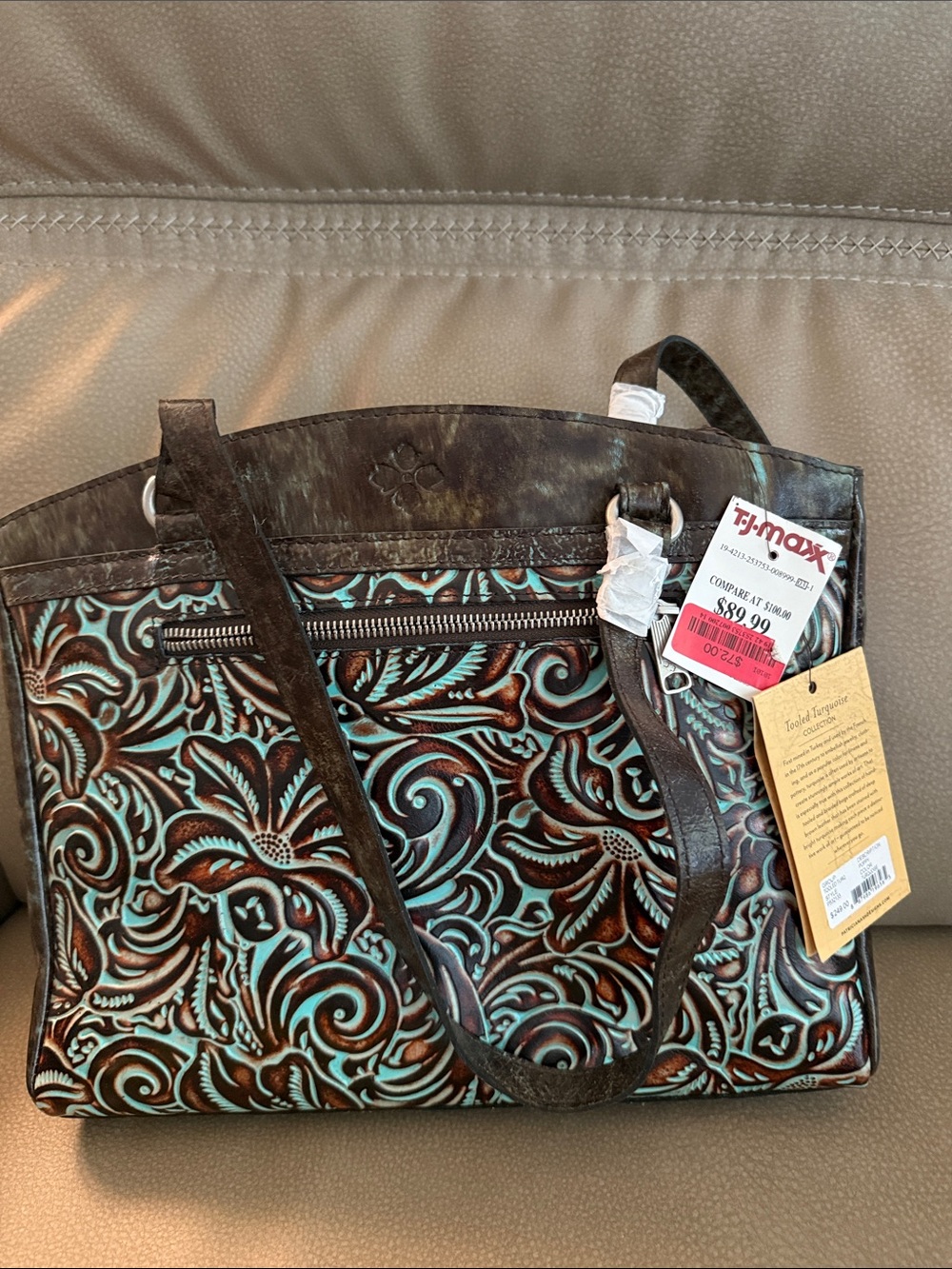 Rustic Turquoise Tooled Leather Tote - Patricia Nash